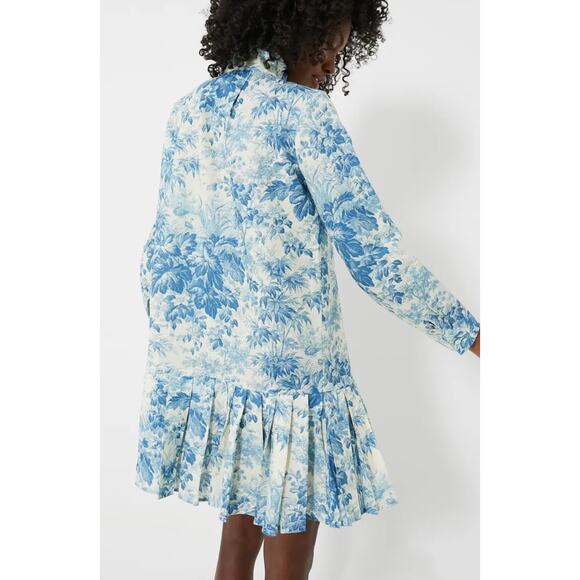 Tuckernuck Tate Dress Misty Blue Toile Pleated Mini Linen Cotton Ruffle Neck XS - Picture 5 of 11